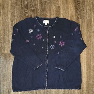 CJ Banks Dark Blue Cardigan with Snowflake Patterns
